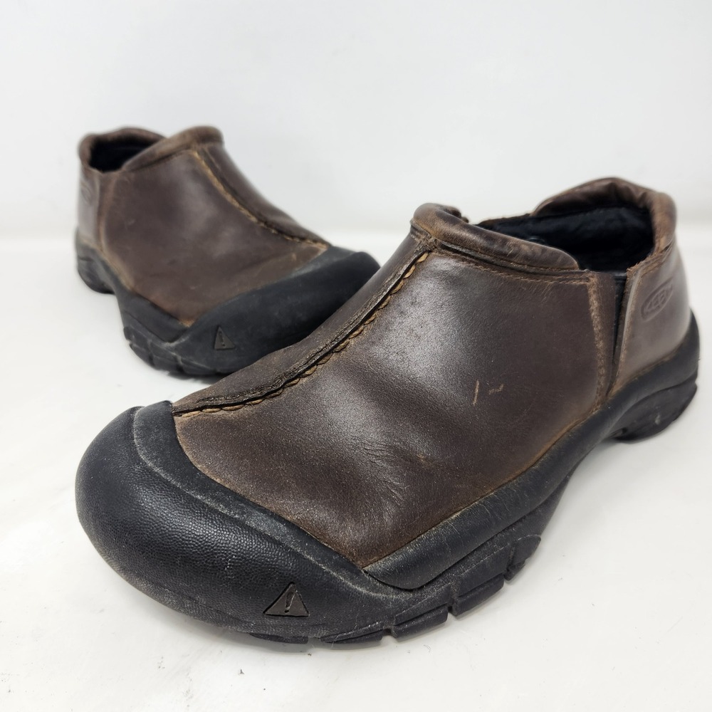 KEEN Womens 8 Dark Brown Leather Slip On Comfort Walking Shoes Clogs Presidio